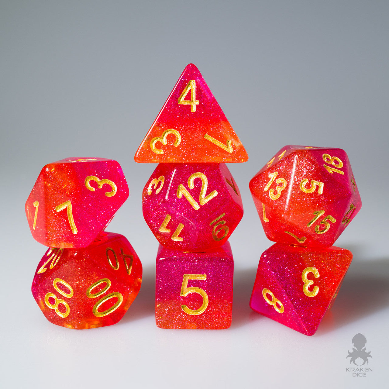 Two Layer Red and Orange Glitter 7pc Polyhedral Dice Set